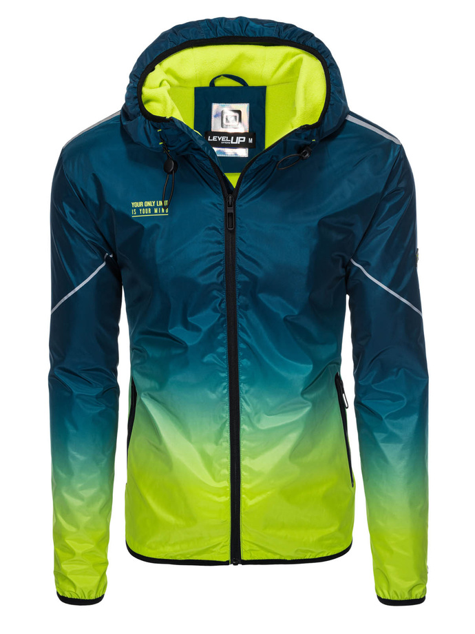 Men's sports jacket with reflectors - turquoise and lime green V1 OM-JANP-0105