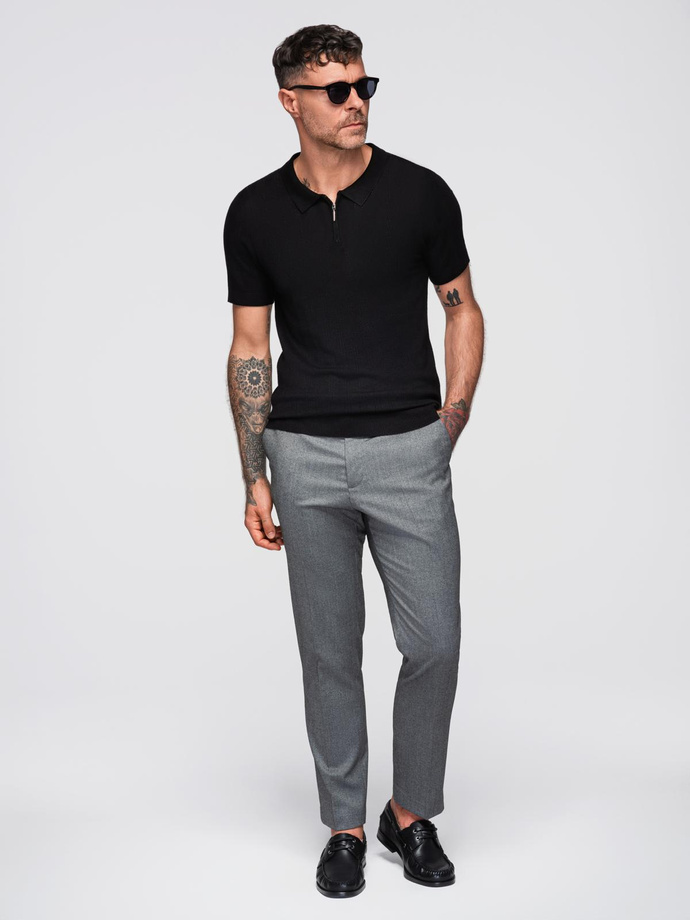 Men's openwork polo shirt with zipper at neckline - black V2 OM-POSS-0158