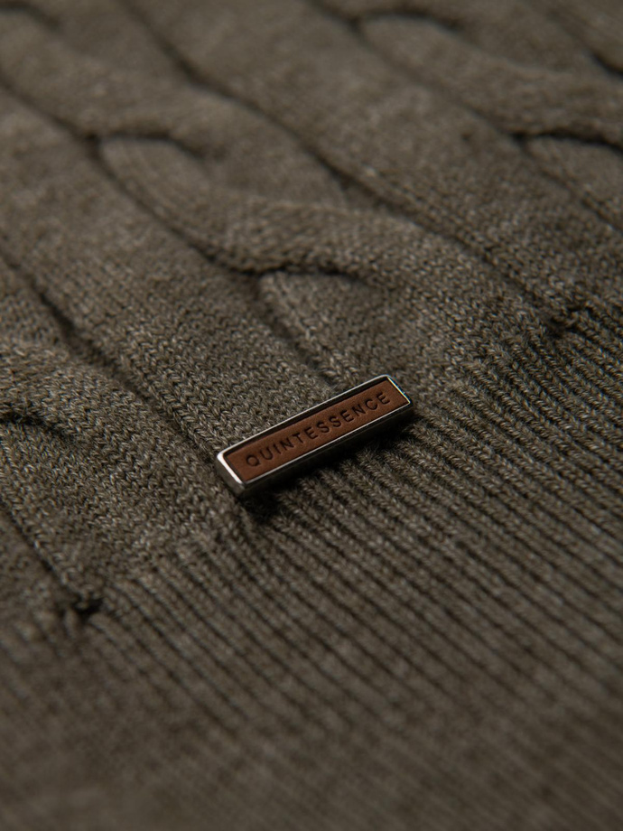 Sweter męski golf z warkoczowym splotem – oliwkowy V2 OM-SWTN-0157