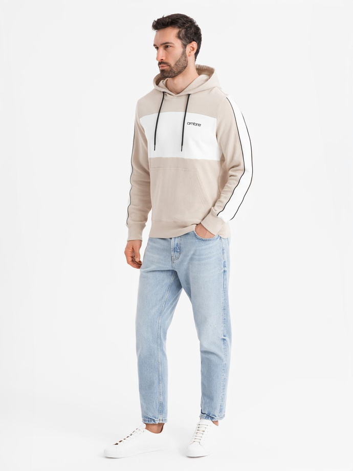 Men's cotton hoodie with contrasting elements - beige V2 OM-SSNZ-0225