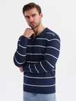 Men's horizontal striped polo longsleeve with viscose - navy blue and white V1 OM-POLS-0146