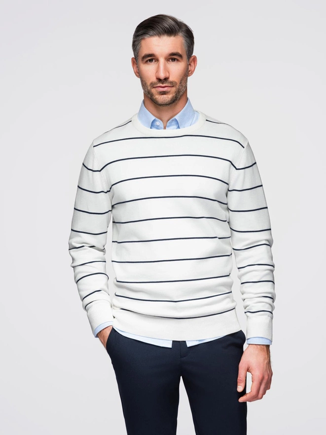 Men's casual sweater with horizontal stripes - cream V2 OM-SWSW-0143