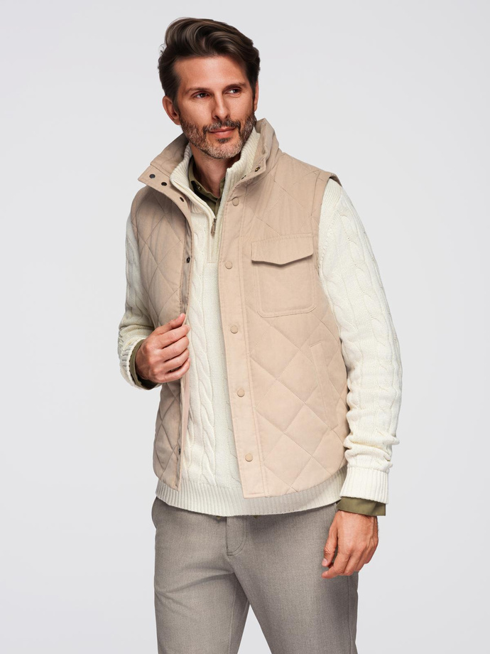 Men's peach effect quilted vest - beige V1 OM-JAVJ-0277