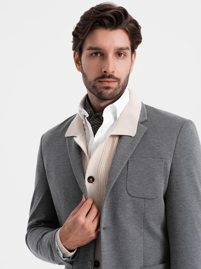 Elegant fitted men's structured knit blazer- graphite V3 OM-BLZB-0129