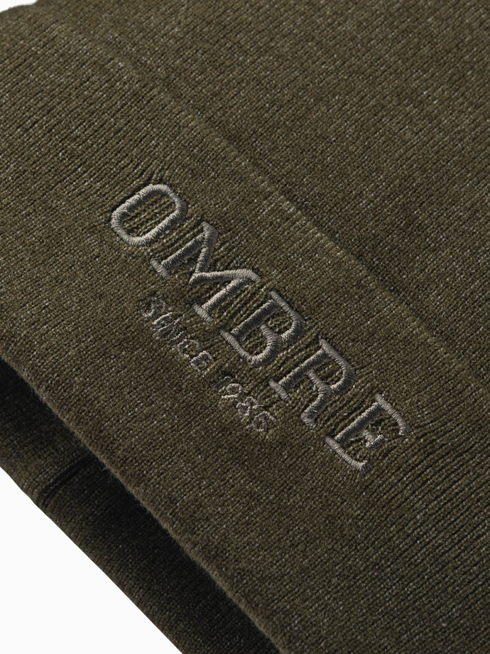 Men's knitted beanie cap with embroidered inscription - olive V5 OM-ACWH-0120