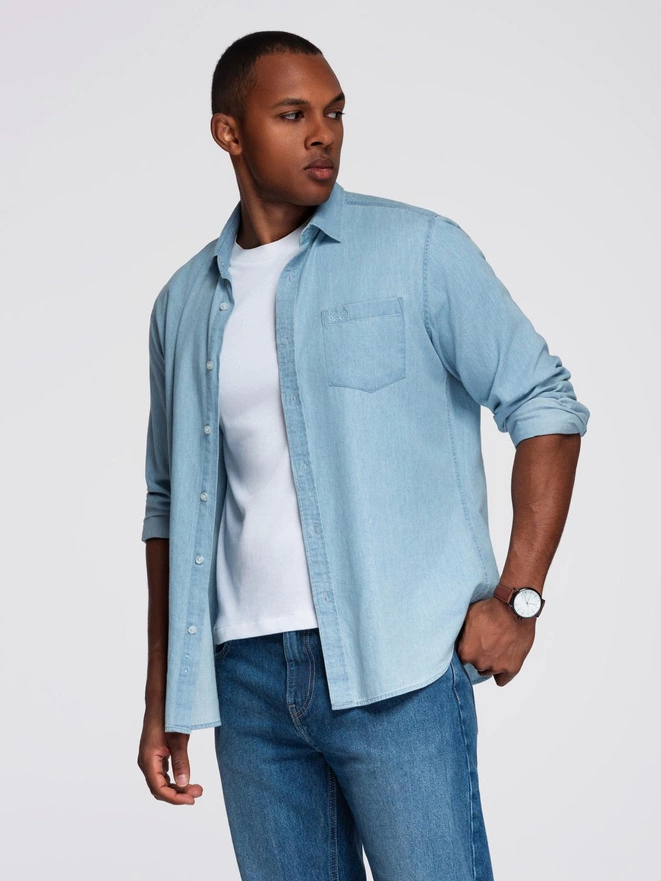 Men's denim shirt with embroidered pocket - light blue V1 OM-SHDS-0181