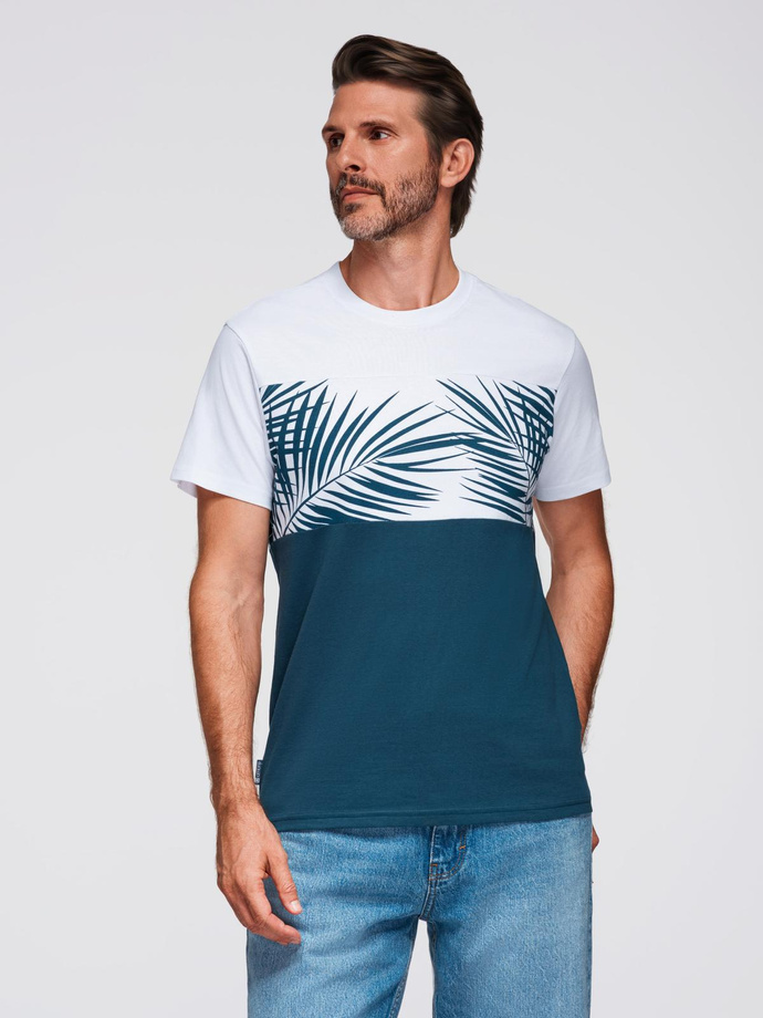 T-shirt meski dwukolorowy z nadrukiem w liście palmy - ciemnoniebieski V1 OM-TSPT-0177