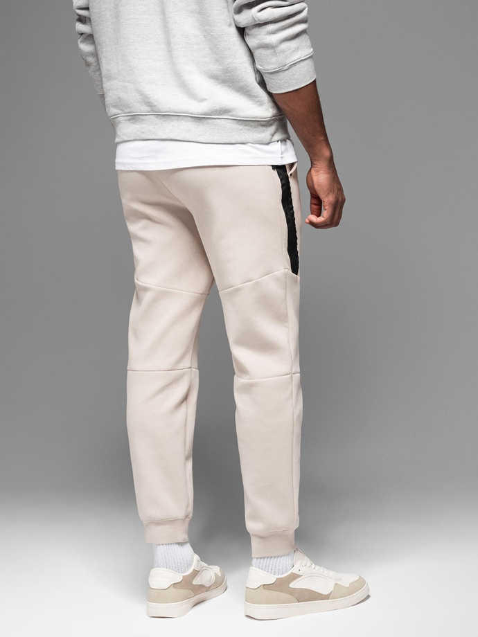 Men's sweatpants with ribbed cuffs and decorative zipper - sand V6 OM-PASK-0226