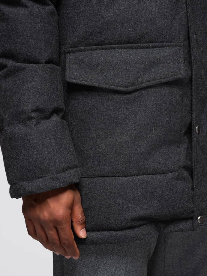 Długa ciepła kurtka męska typu parka z wełną – czarny melanż V2 OM-JALJ-0217