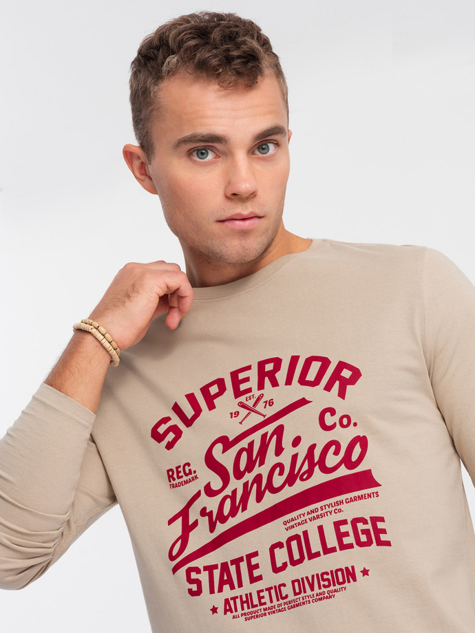 Men's long sleeve collegiate print t-shirt - sand V1 OM-LSPT-0116