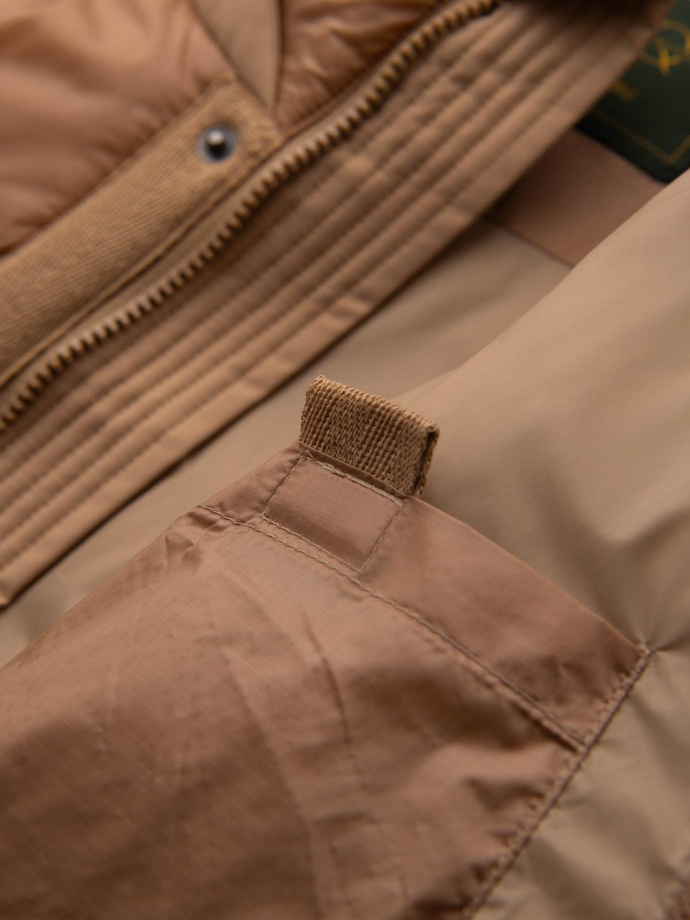 Men's long quilted jacket with large pockets - beige V2 OM-JALJ-0308