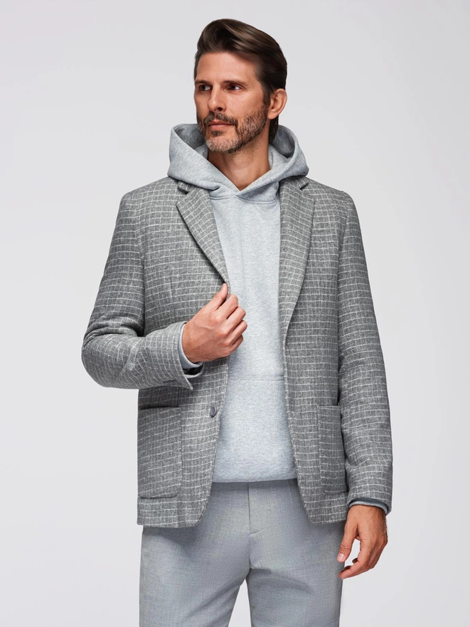 Men's checkered blazer with wool - grey V1 OM-BLZB-0117