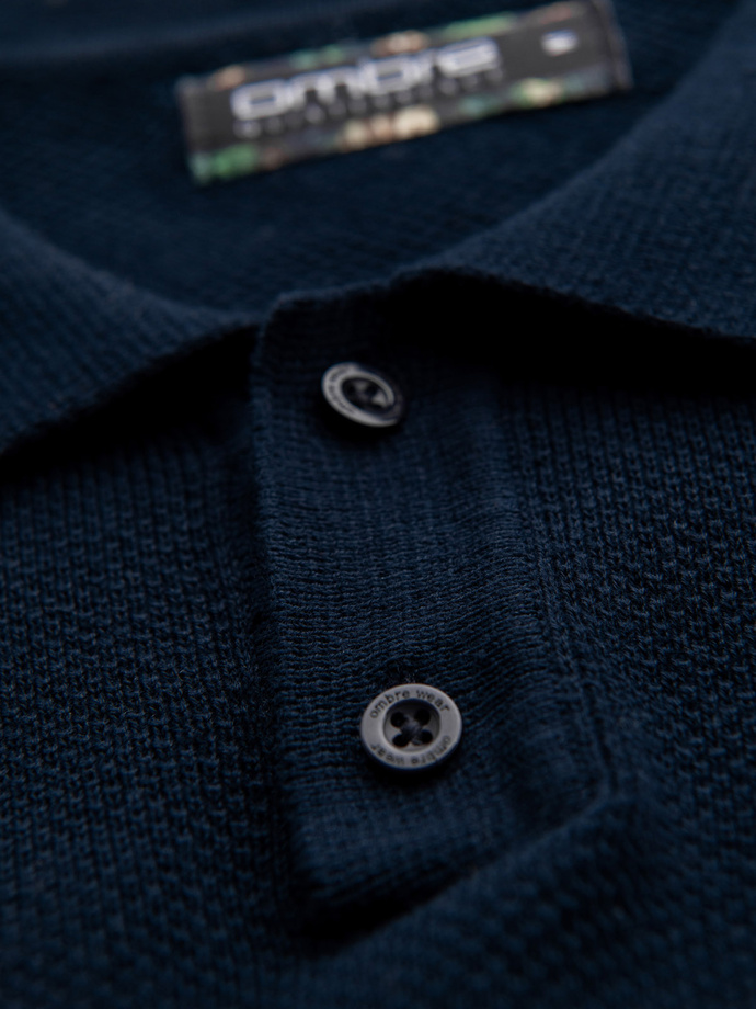 Men's cotton structured knit polo shirt - navy blue V2 OM-POSS-0117