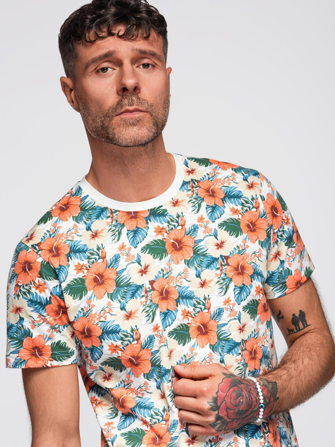 T-shirt męski bawełniany w kwiatowy wzór full print – biały V1 OM-TSFP-0249