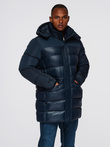 Men's quilted jacket with combined materials and hood - navy blue V3 OM-JALJ-0266