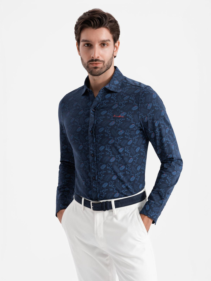 Men's cotton shirt with floral motif - navy blue V1 OM-SHCS-0159