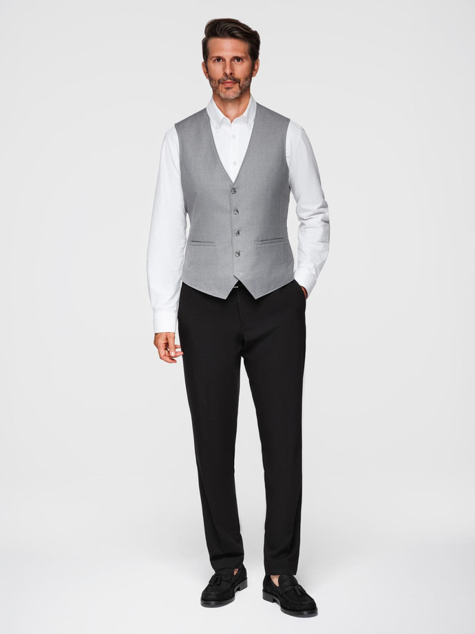 Dopasowana męska kamizelka z rayonem i marmurkowymi guzikami – szara V3 OM-BLZV-0112