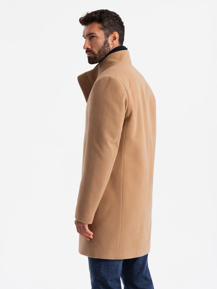 Men's coat with asymmetrical fastening and high collar - light brown V4 OM-COWC-0120