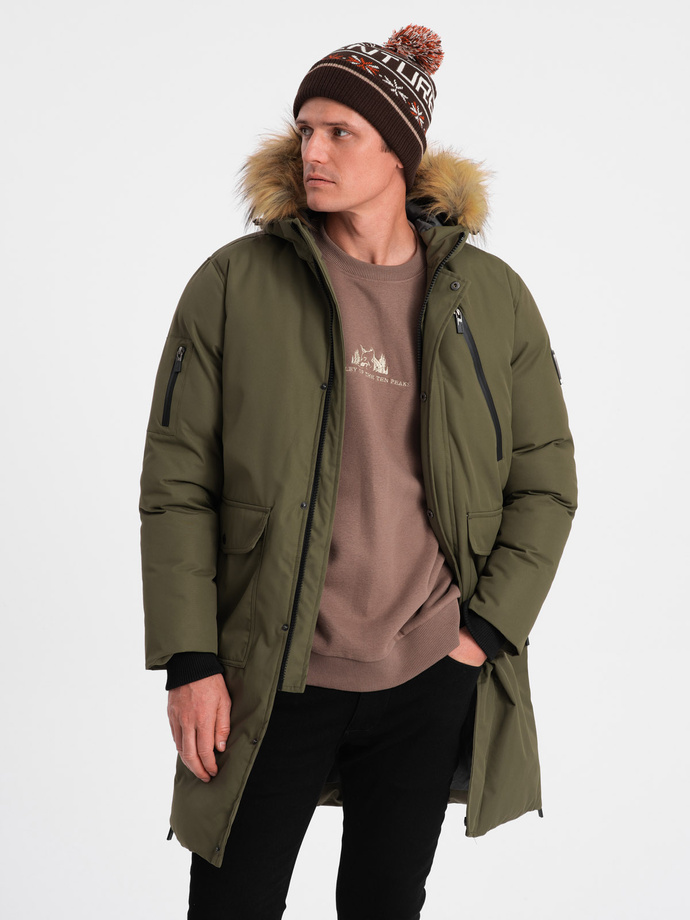 Alaskan men's winter jacket with detachable fur from the hood - dark olive green V3 OM-JALJ-0148