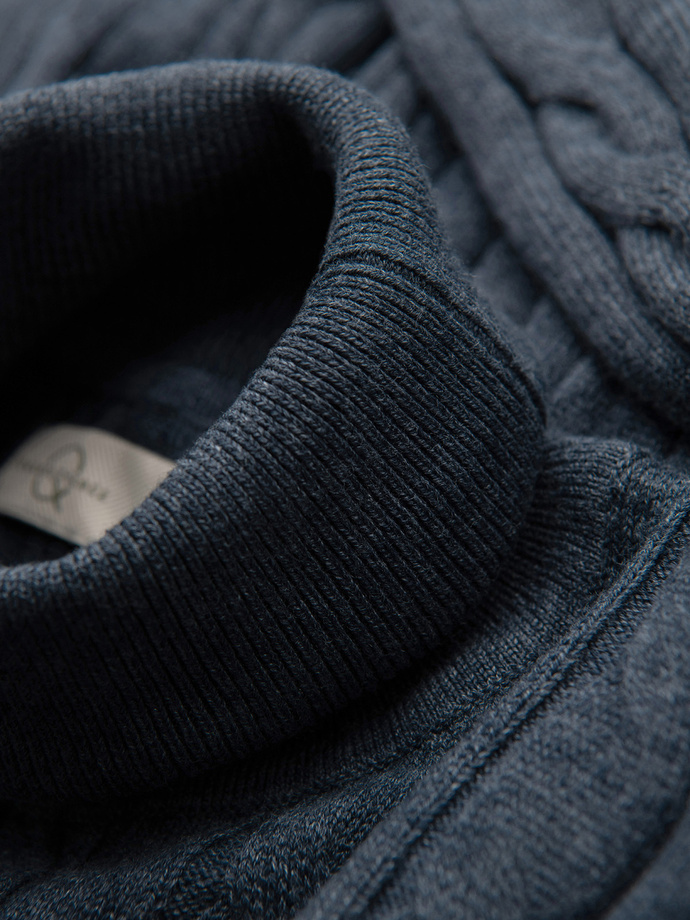Men's turtleneck sweater with checkered weave - navy blue V3 OM-SWTN-0157