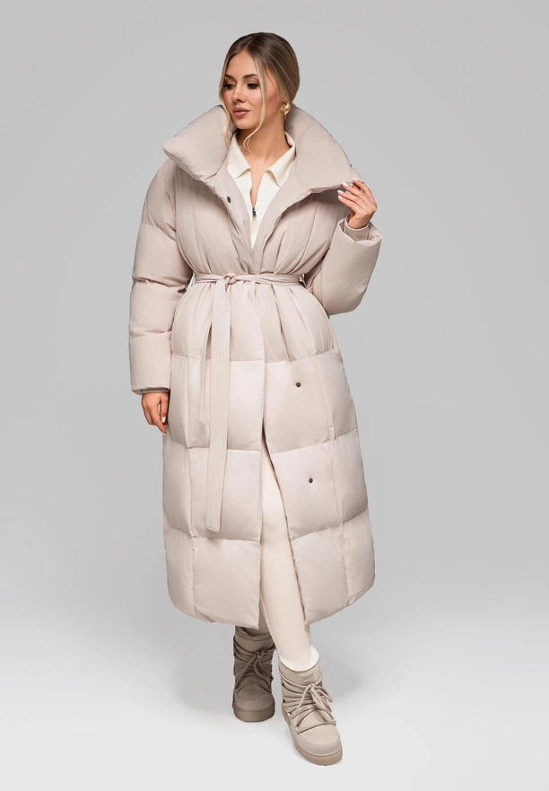 Women's quilted long jacket with belt OW-JALJ-0104 v2 - beige