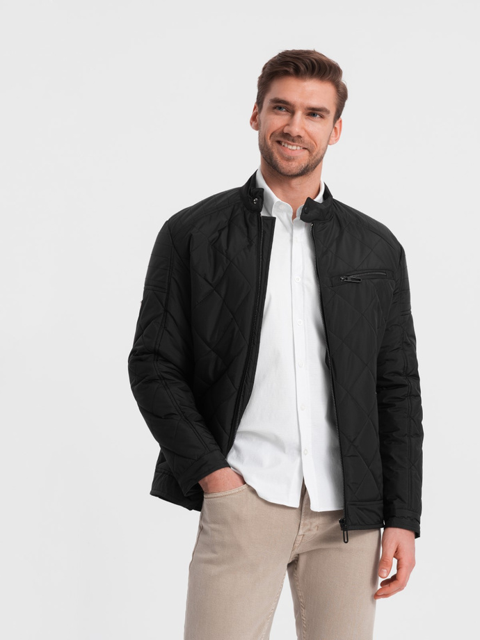 BIKER men's insulated jacket quilted in a diamond pattern - black V1 OM-JALP-22FW-006