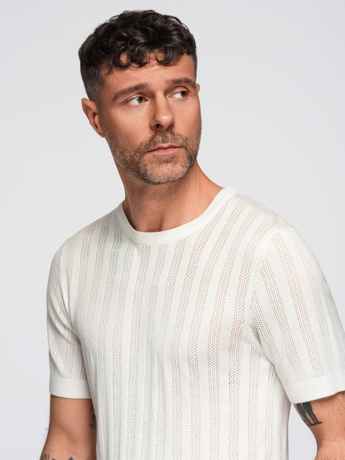 Men's openwork sweater with round neckline and short sleeves - white V1 OM-TSCT-0251