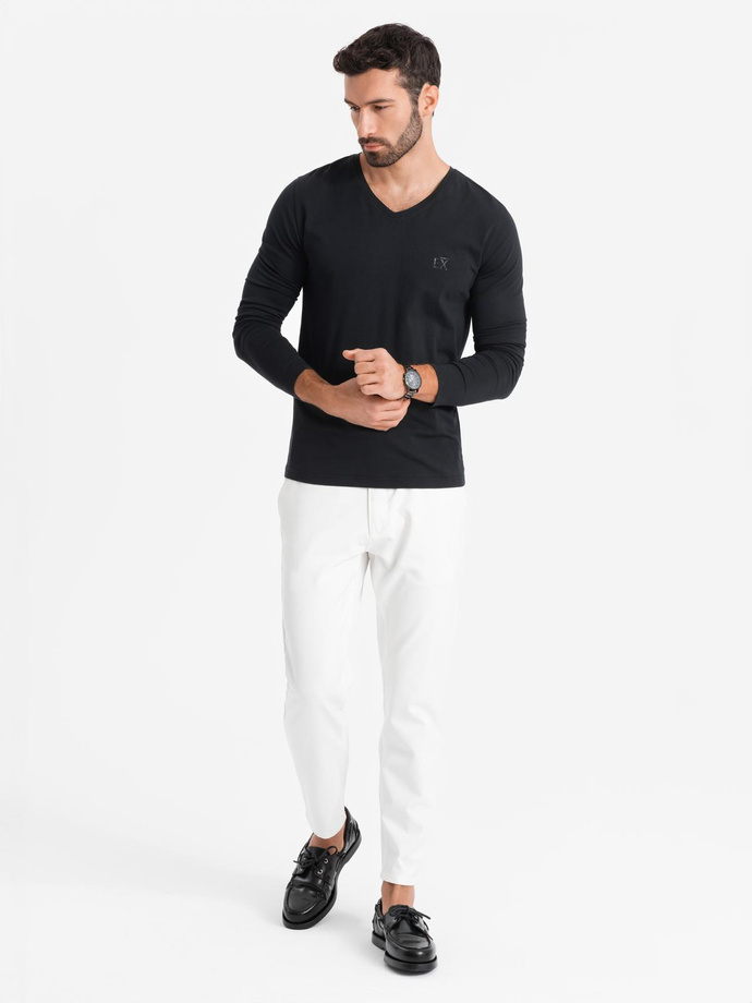 men's V-neck SLIM FIT ongsleeve with elastane and print - black V1 OM-LSBC-0123