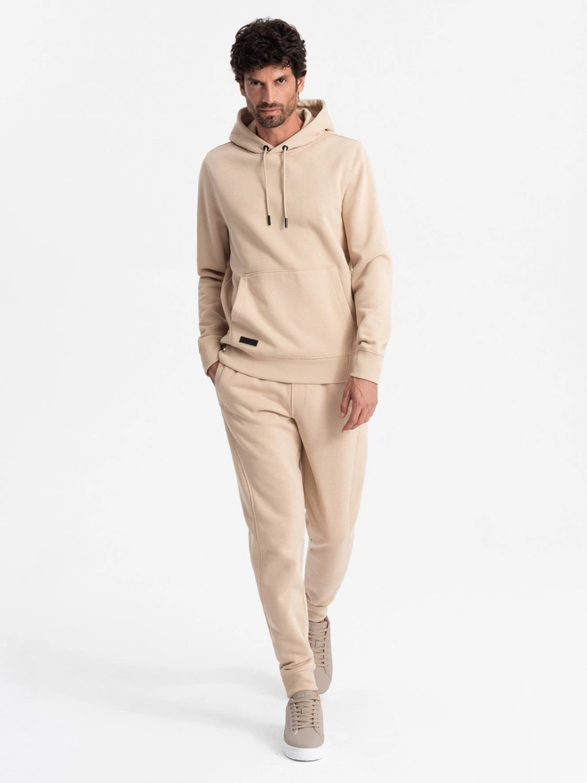 Dresowy komplet męski BASIC bluza kangurka + joggery – beżowy V6 Z85