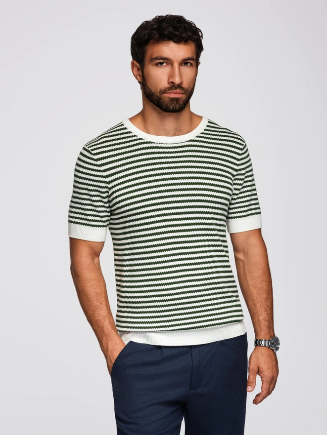 Men's knitted t-shirt with navy stripes and openwork weave - olive and white V3 OM-TSCT-0255