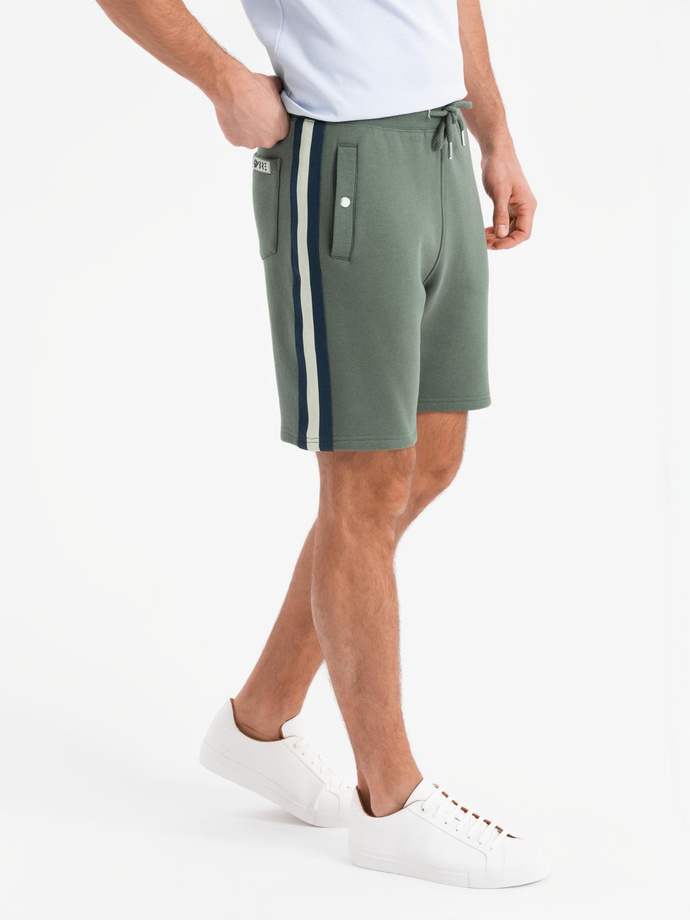 Men's sweat shorts with piping and drawstring waistband - olive V2 OM-SRSK-0156