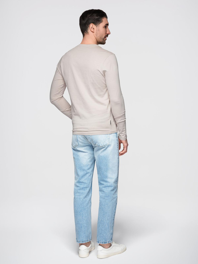 Longsleeve męski bez nadruku z dekoltem w serek - jasnobeżowy V1 OM-LSBL-0108