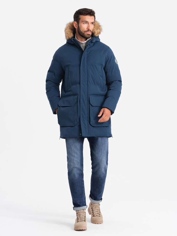 Men's long parka jacket with flared bottom - navy blue V5 OM-JALJ-0184