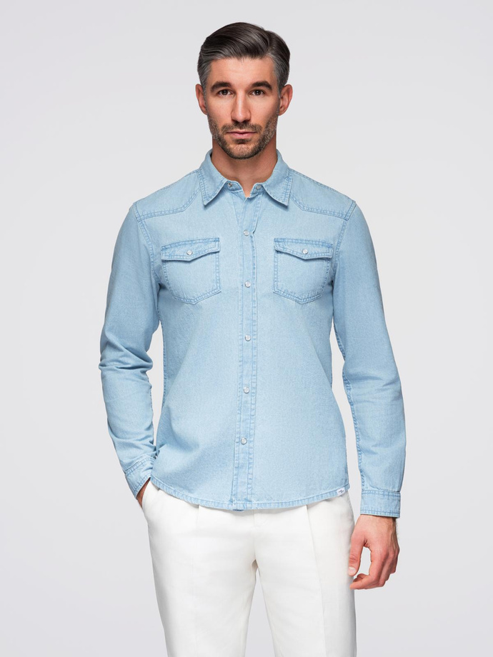 Men's denim snap shirt with pockets - light blue V1 OM-SHDS-0210