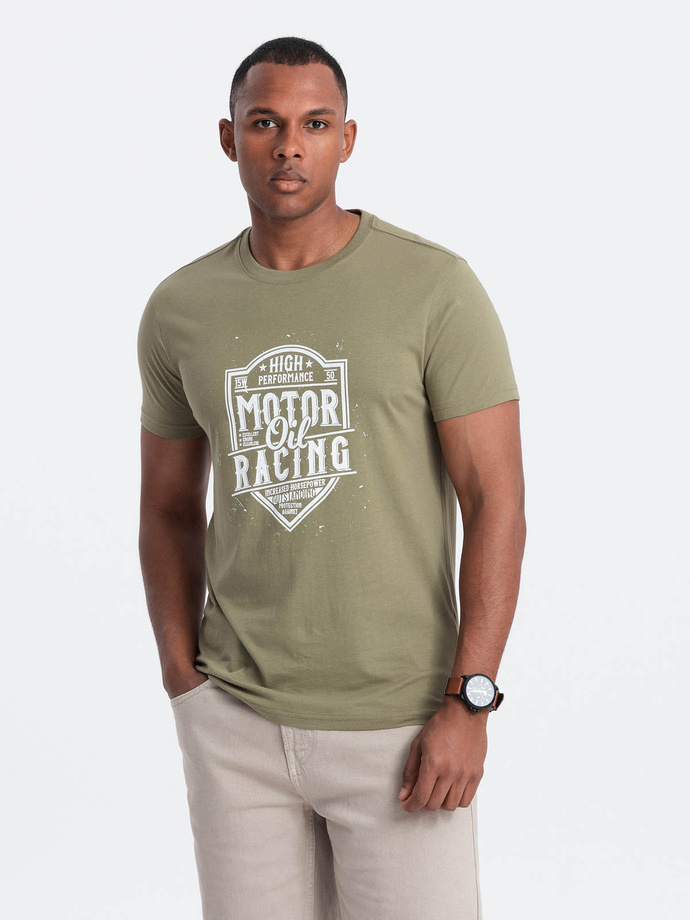 T-shirt męski z nadrukiem w stylu motocyklowym – oliwkowy V2 OM-TSPT-0125