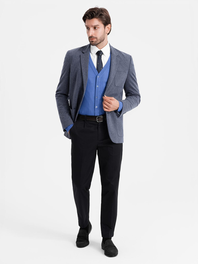 Fitted elegant men's structured knit blazer - navy blue V1 OM-BLZB-0129