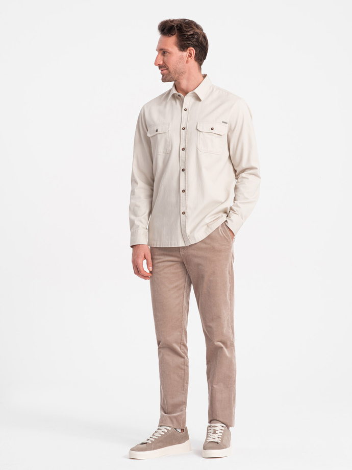 Men's REGULAR FIT cotton shirt with buttoned pockets - cream V1 OM-SHCS-0146