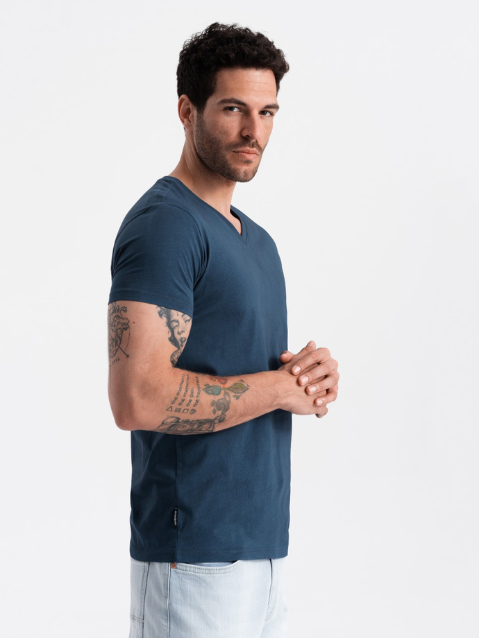BASIC men's classic cotton T-shirt with a serape neckline - dark blue V13 OM-TSBS-0145