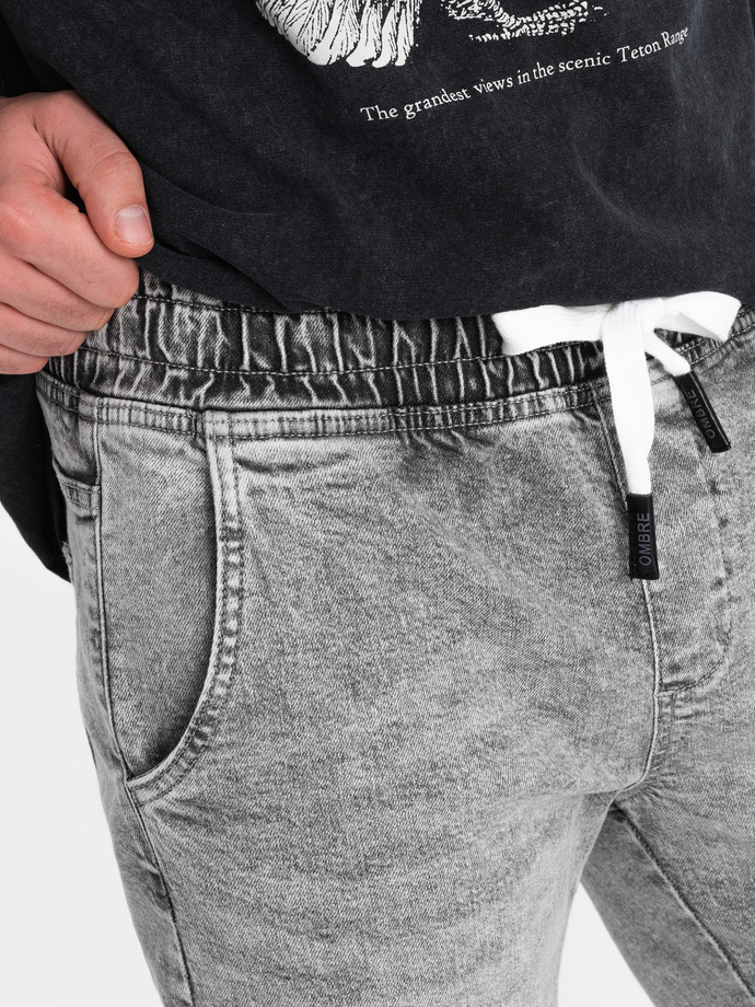 Spodnie męskie JOGGERY jeansowe z przetarciami - jasnoszare V4 OM-PADJ-0150