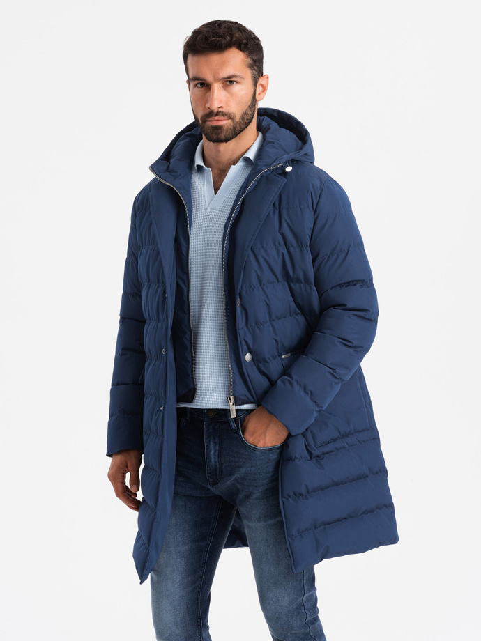 Men's long quilted jacket with lapels and lining - dark blue V1 OM-JALJ-0177