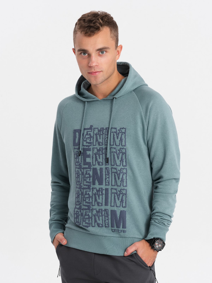 Men's non-stretch kangaroo sweatshirt with hood and print - turquoise V2 OM-SSPS-0158