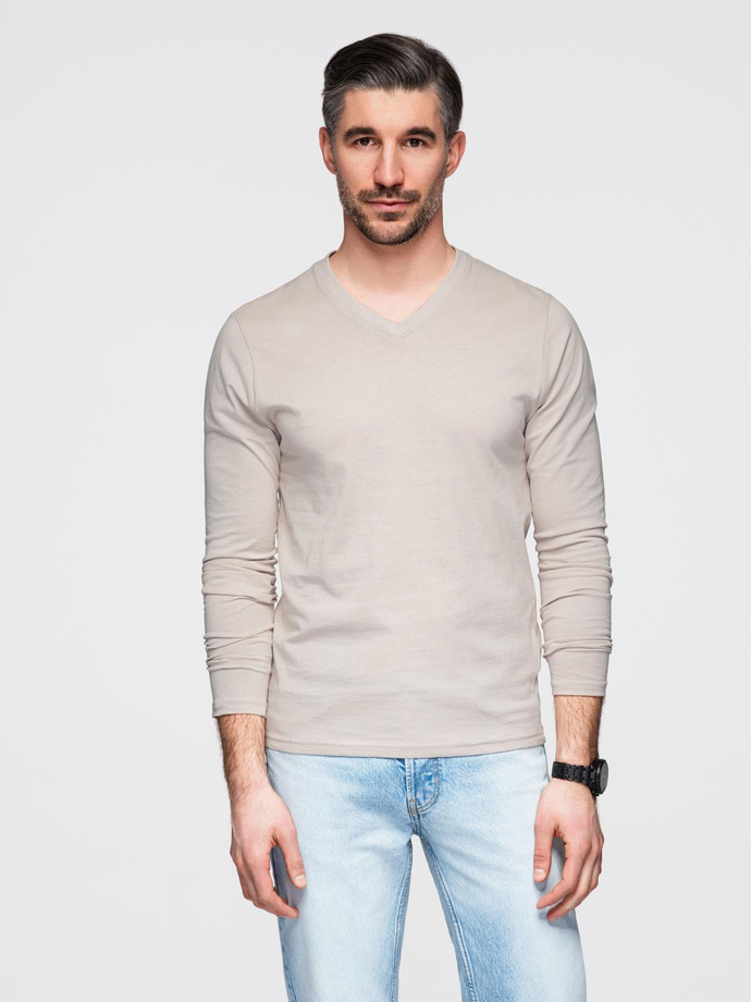 Men's unprinted longsleeve with v-neck - light beige V1 OM-LSBL-0108
