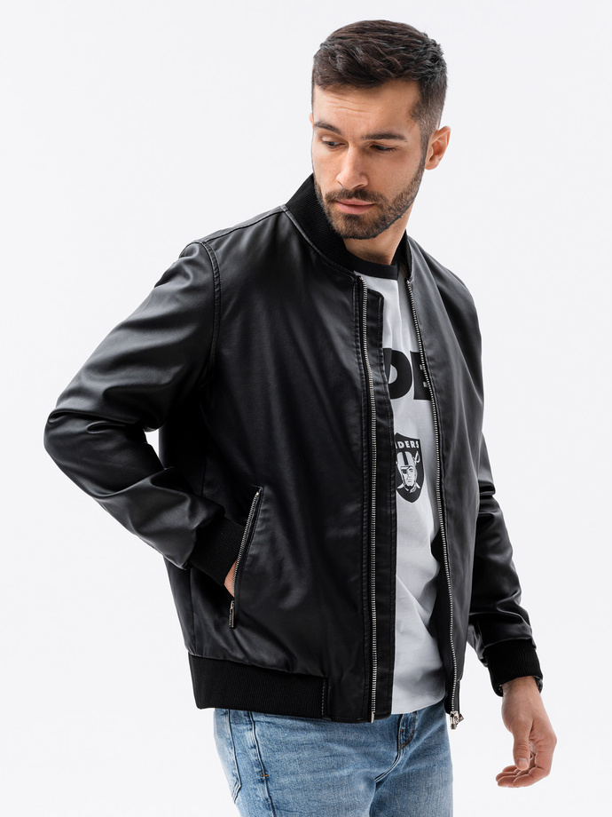 Men's imitation leather bomber jacket - black V1 C484