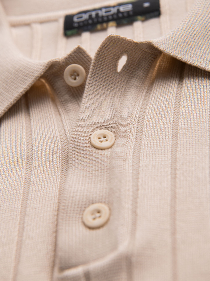 Men's SLIM FIT viscose vertical striped polo shirt - beige V2 OM-POSS-0143