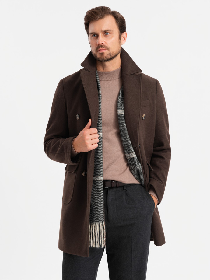 Men's double-breasted coat with decorative buttons - dark brown V3 OM-COWC-0109