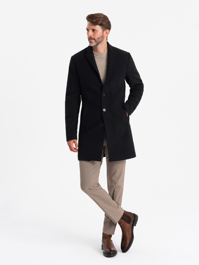 Single-breasted long men's suit style coat - black V1 OM-COWC-0105