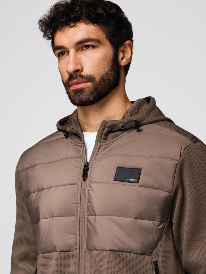 Men's lightweight jacket of combined materials with hood and decorative quilting - light brown V2 OM-JANP-0160