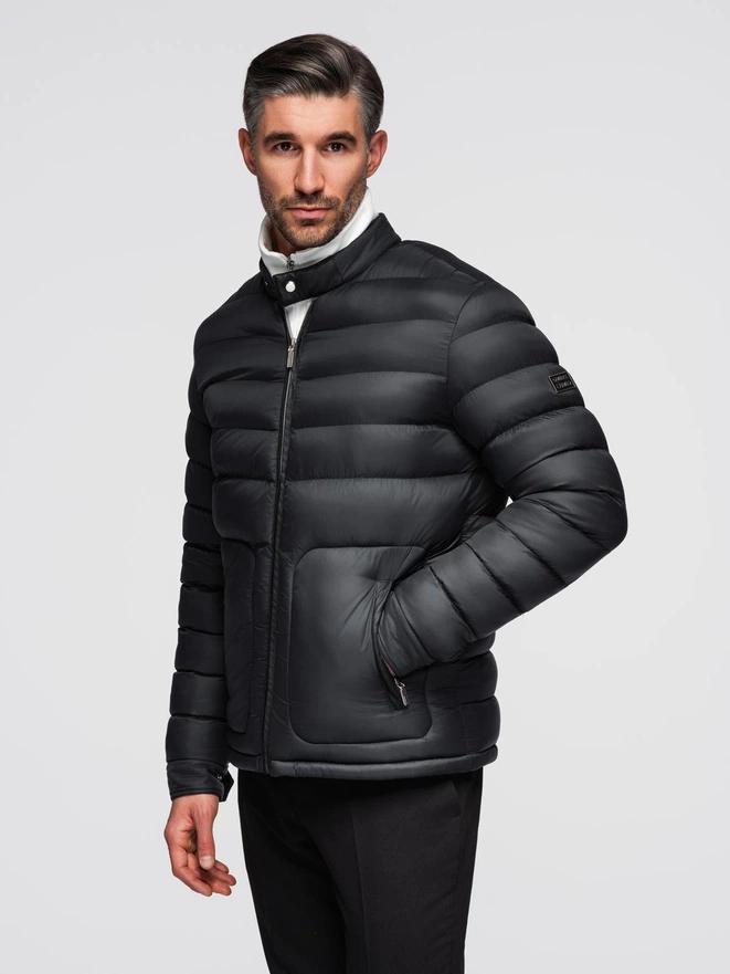 Men's quilted classic jacket with stand-up collar - black V1 OM-JALP-0261