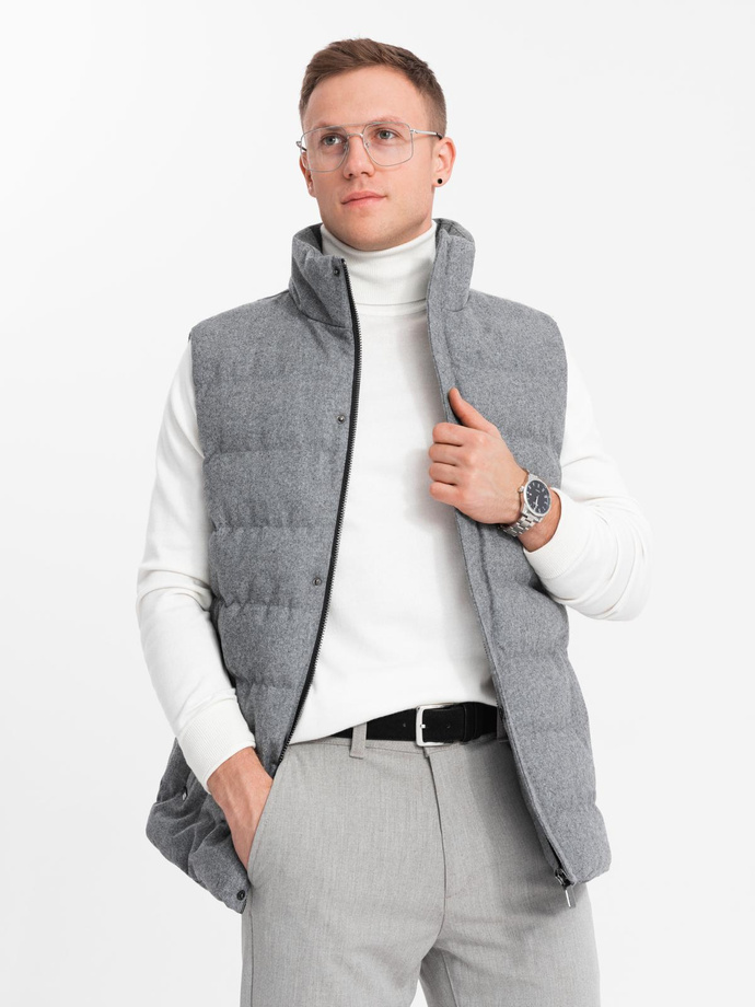 Men's quilted wool sleeveless jacket - grey melange V1 OM-JAVJ-0200 