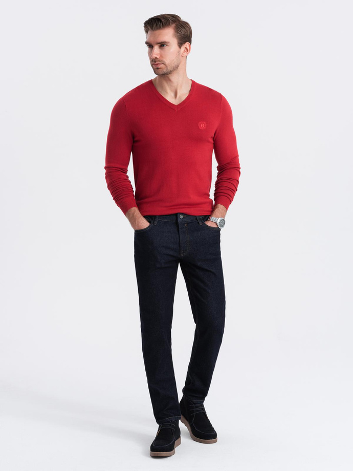 Męski elegancki sweter V-neck BASIC z wiskozą – czerwony V20 OM-SWBS-0107